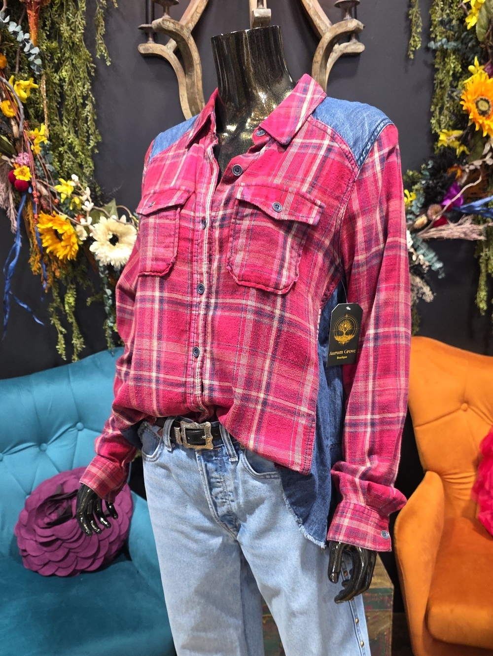 Free People Red Plaid Button-Down Shirt w/ Denim Accents